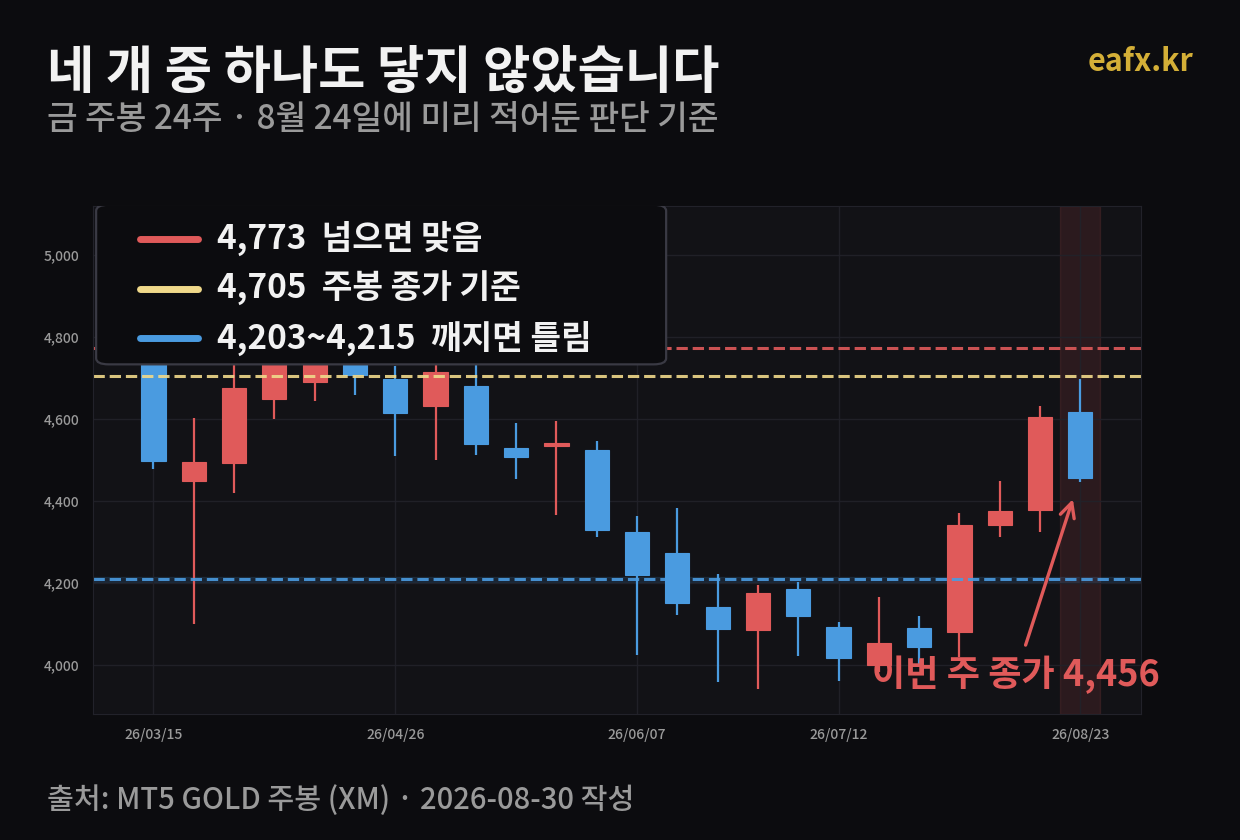금 주봉 24주 차트와 8월 24일에 표시해둔 네 개의 판단 기준선