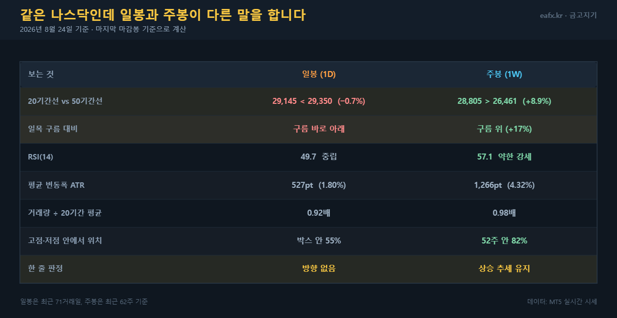 나스닥 일봉과 주봉 지표 비교표 2026년 8월
