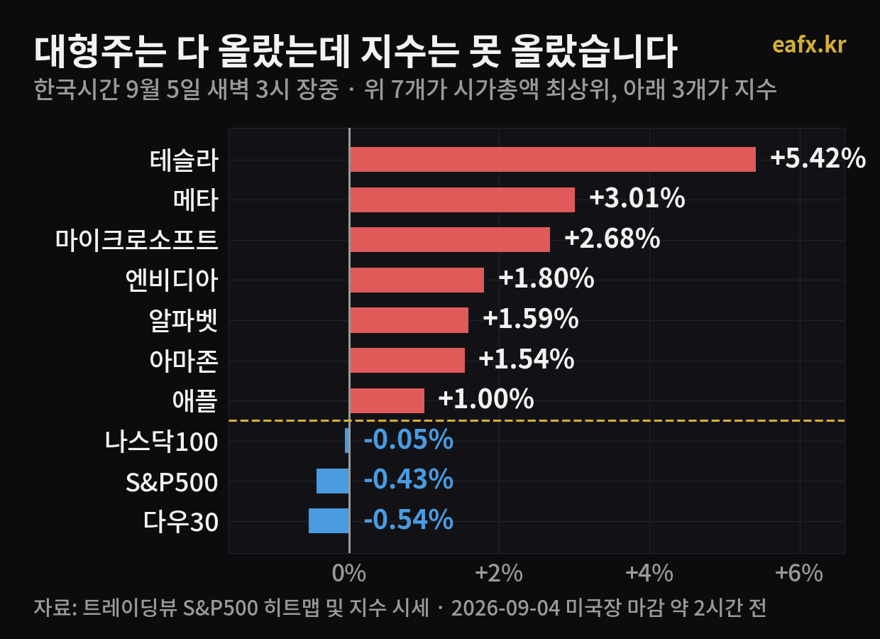 테슬라 메타 마이크로소프트 등 대형주 7종목 상승률과 나스닥 S&P500 다우 지수 하락률 비교 막대 그래프